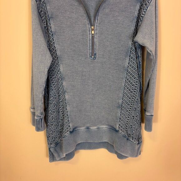 Soft Surroundings Blue Knit Side Hooded Quarter Zip Hooded Pullover Small - Picture 4 of 7